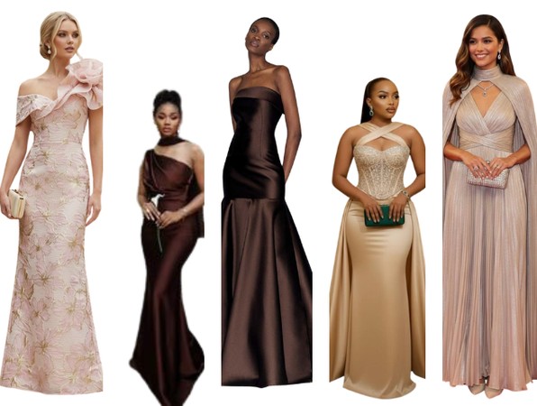 Dress code inspiration: gowns in blush floral, chocolate brown satin, champagne and taupe