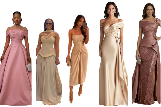 Dress code inspiration: gowns in dusty rose, sand, beige and champagne satin