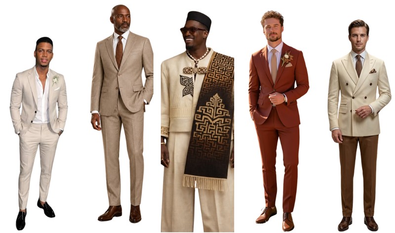 Dress code inspiration: suits in cream, taupe and rust, and traditional African attire